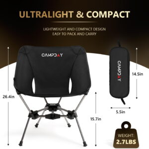 Camping Chair Backpacking Portable Hiking Ultralight Small Lightweight Folding Chair for Outdoor Camp Beach Picnic Concert, Supports 330lbs (Black,1PCS)