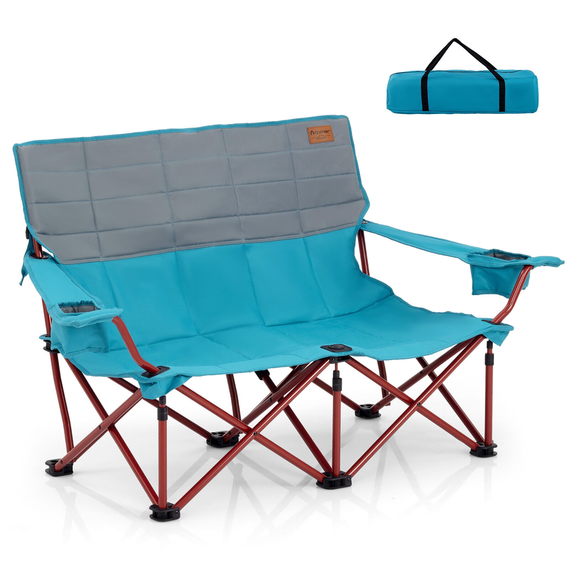 Gymax Oversized Camping Chair Folding Loveseat Camping Couch w/ Cup Holders & Padding