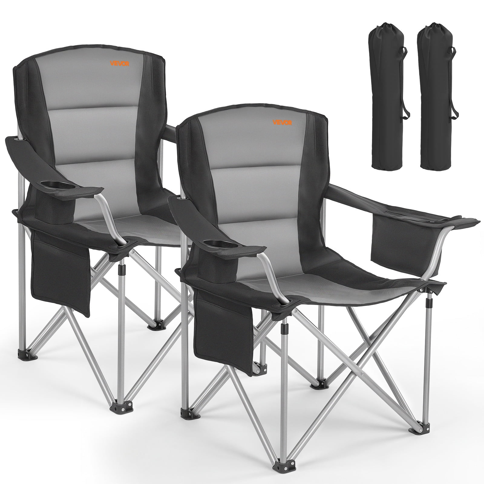 VEVOR Oversized Camping Chairs, 450 lbs Heavy Duty Support, Portable Folding Camp Chairs with Padded Backrest & Armrests, Cup Holder & Side Pocket, Cooler Bag, Carry Bags for Outdoor, Fishing, 2 Pack