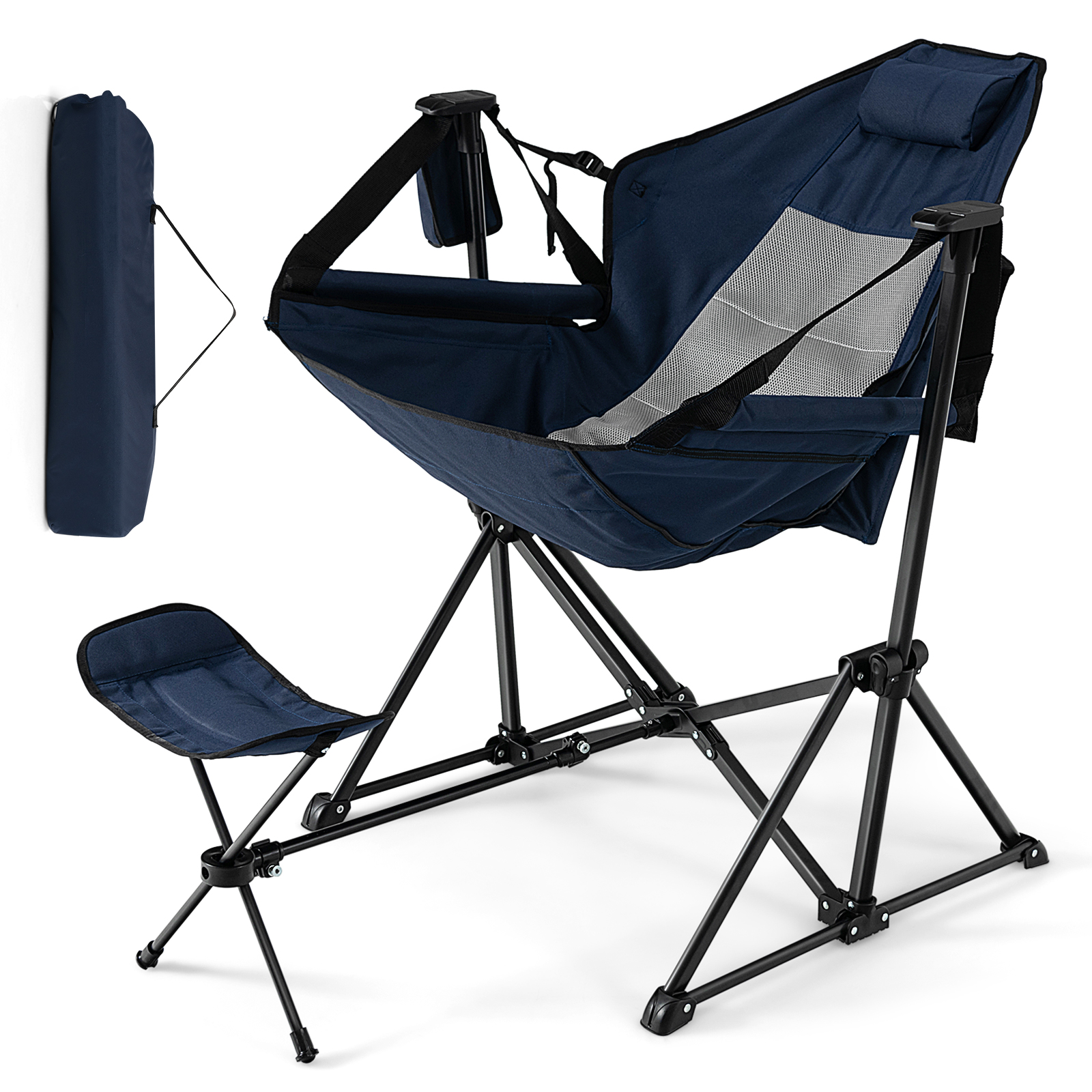 Costway Hammock Camping Chair with Retractable Footrest & Carrying Bag for Camping Picnic Navy