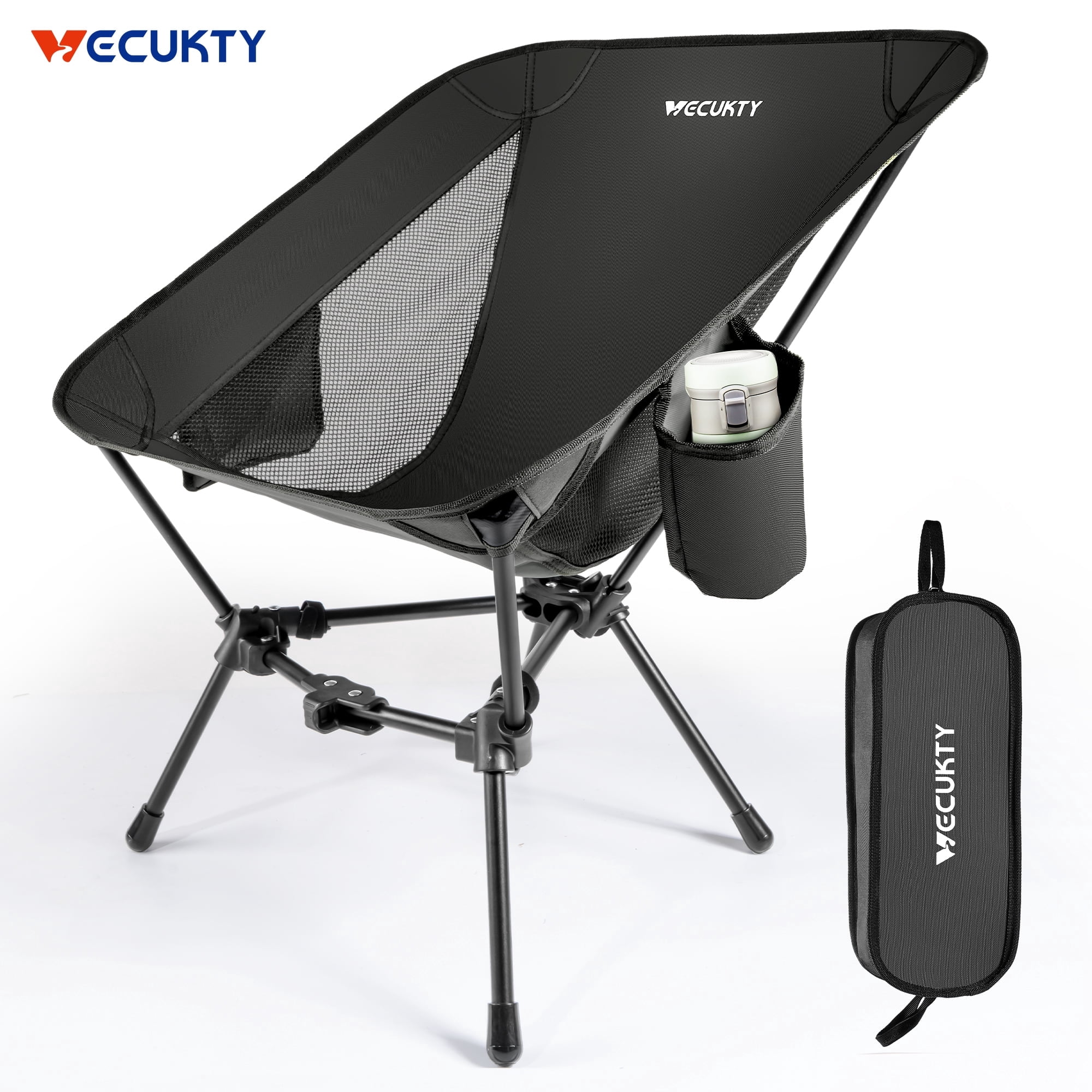 VECUKTY Portable Camping Chair with Carry Bag, Lightweight Folding Outdoor Chair with Side Pocket for Camping, Hiking, Fishing, Black