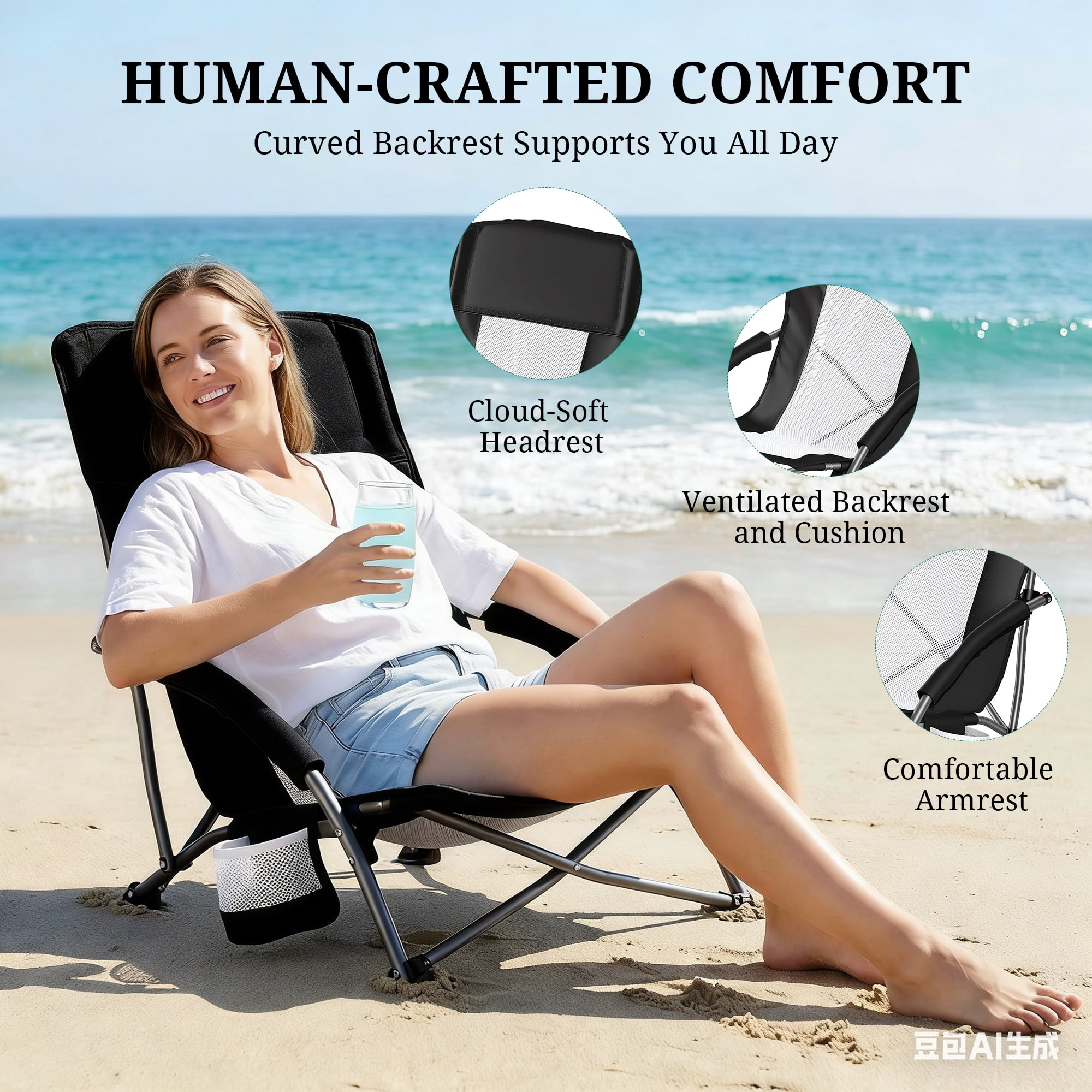 Sybels Portable Folding Camp Chair Featuring Breathable Mesh Back, Holds 250Lbs, Side Pocket & Carry Bag Included, for Outdoor Hiking, Beach and Picnic ,Black