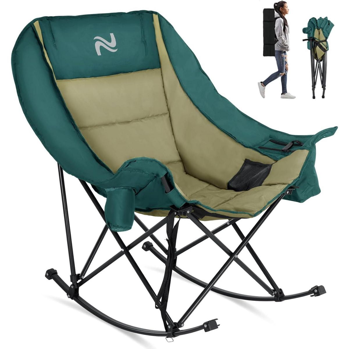 Slsy Heated Oversized Rocking Camping Chair, Fully Padded Patio Chair with Cup Holder, High Back Portable Lawn Recliner with Headrest, Outdoor Camp Rocker Chairs for Adults Heavy Duty 400 LBS