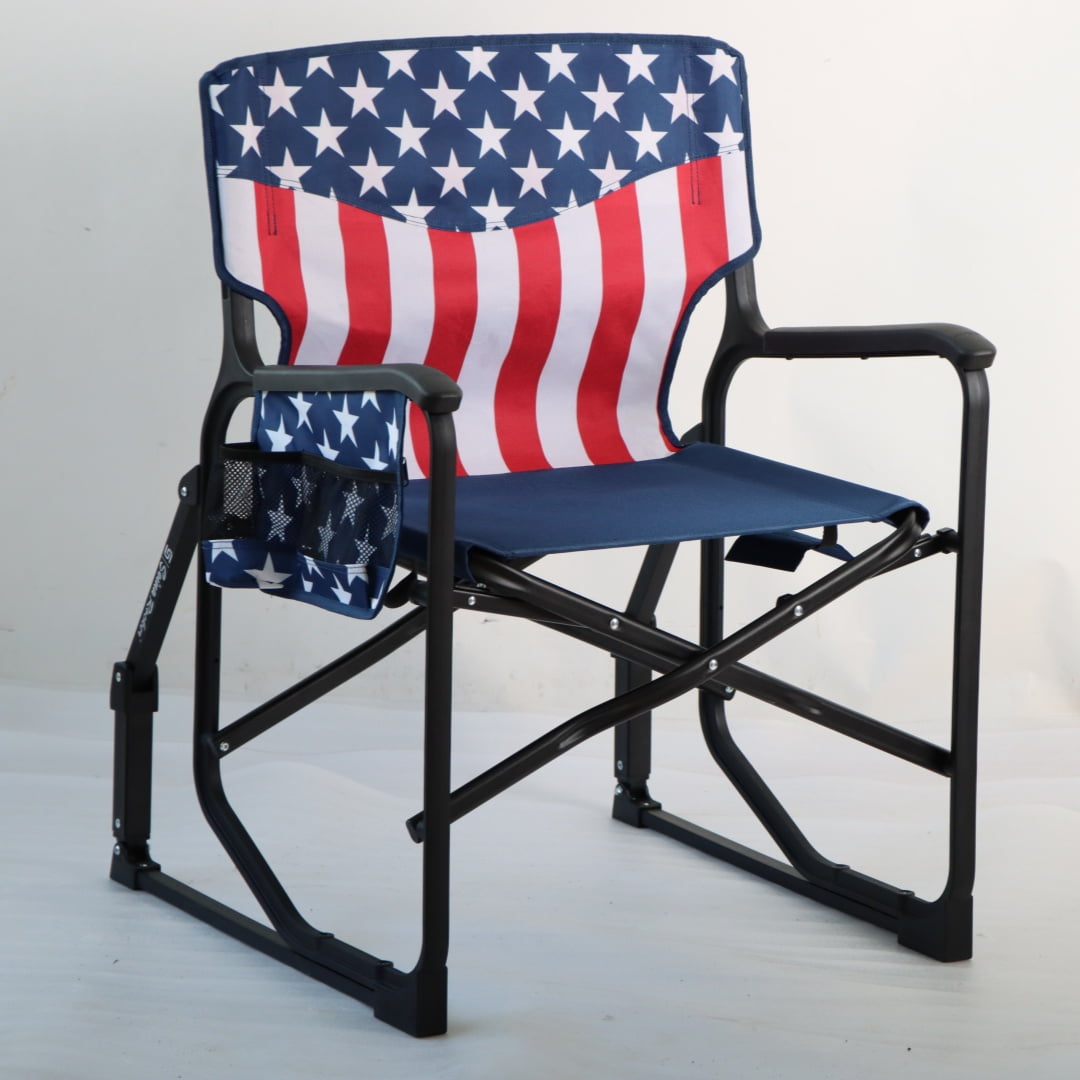 Seina Patriotic Outdoor Foldable Rocking Chair with Armrests, Cup Holder and Side Pocket, 300 lbs Capacity.