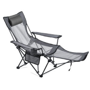 Adjustable Recliner Portable Folding Beach Chair with Headrest and Footrest 4 Angles 220 lbs Capacity Heavy Duty Outdoor Camping Chair Grey