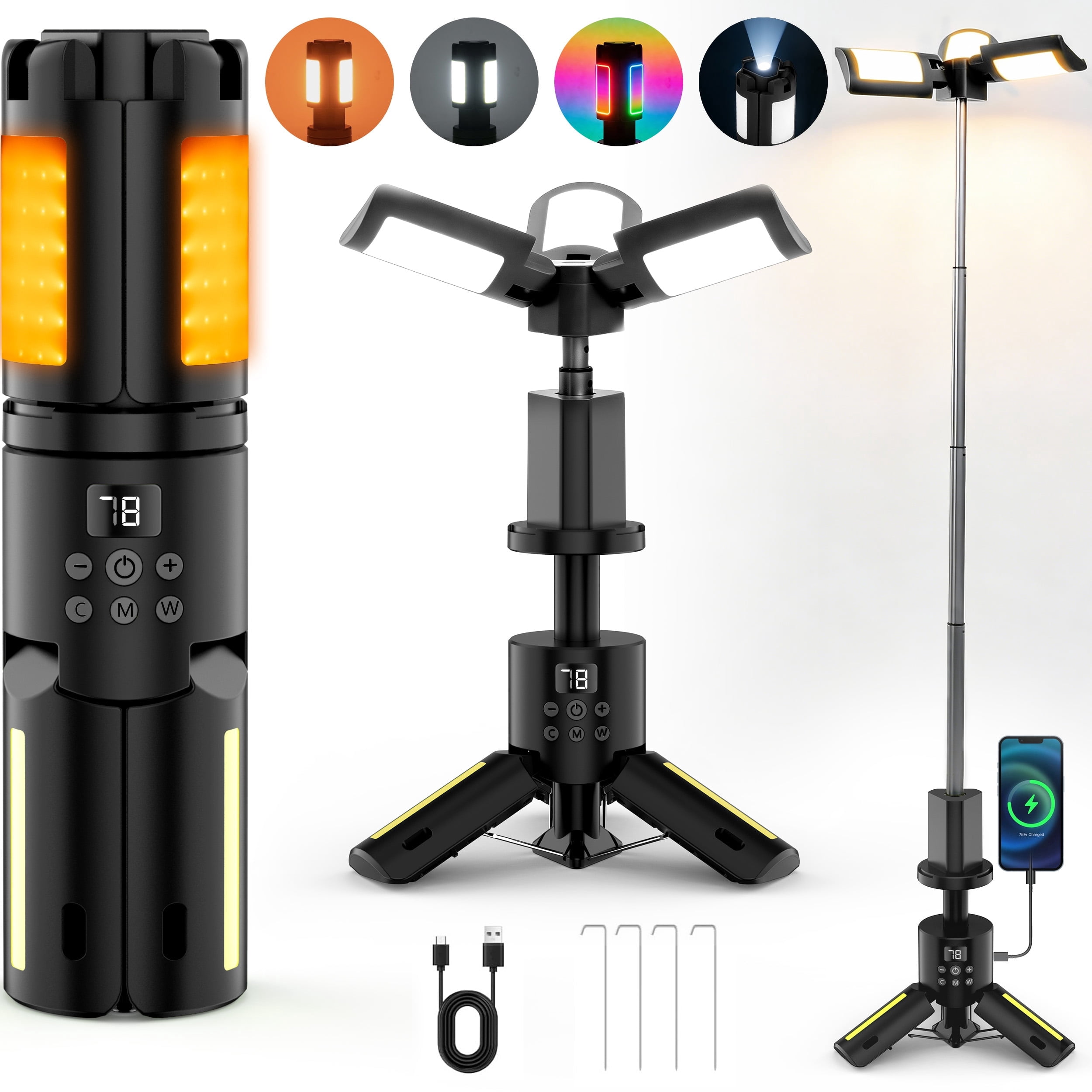 SaveJoy Camping Lights Rechargeable LED Flashlight, Foldable Working Lantern for Camping Hiking with 8 Modes, Black