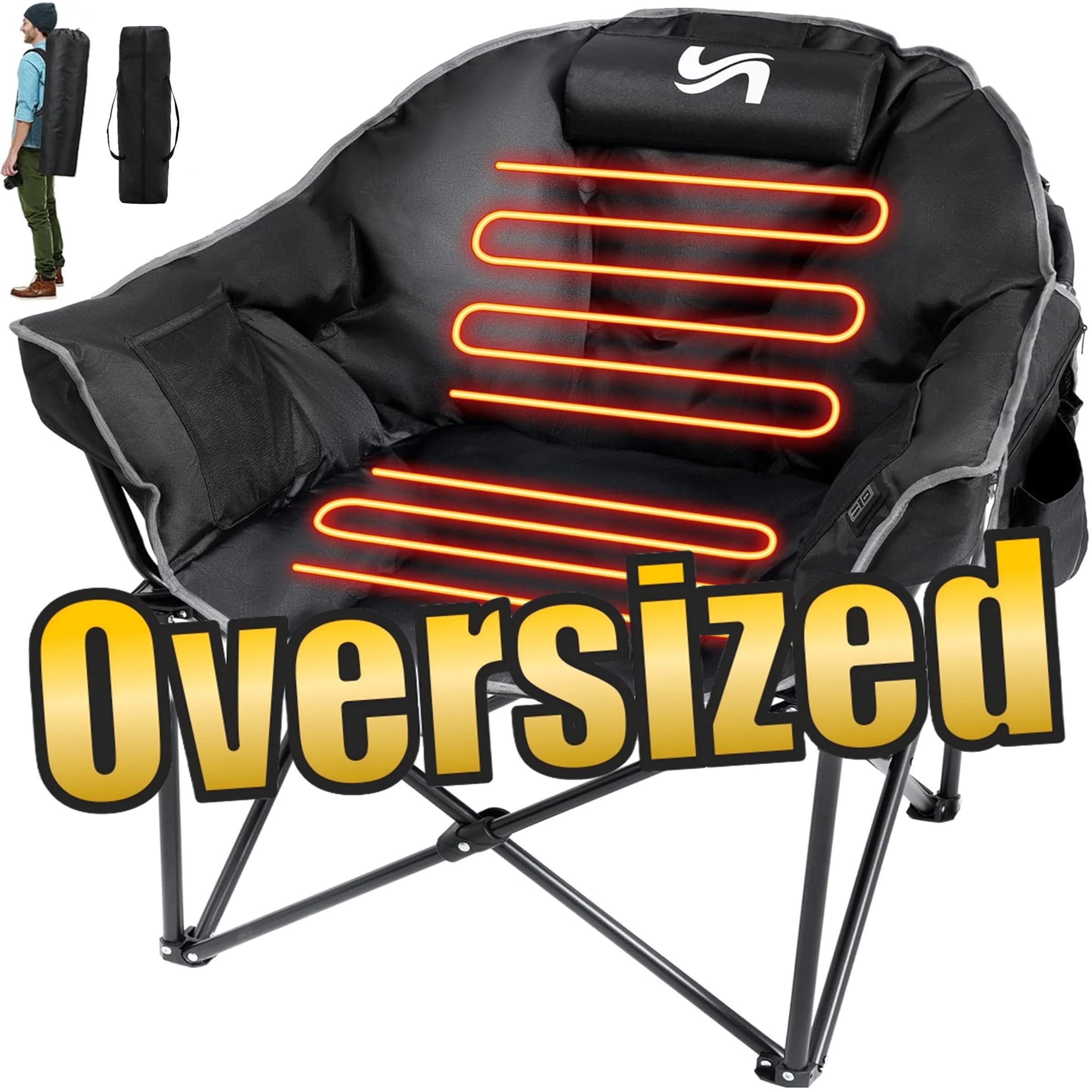 ABORON Oversized Heated Camping Chair with Pillow, Outdoor Portable Heated Folding Chairs, Patio Lounge Chairs with 3 Heat Levels, Heating Chair for Outdoor Sports, Camping