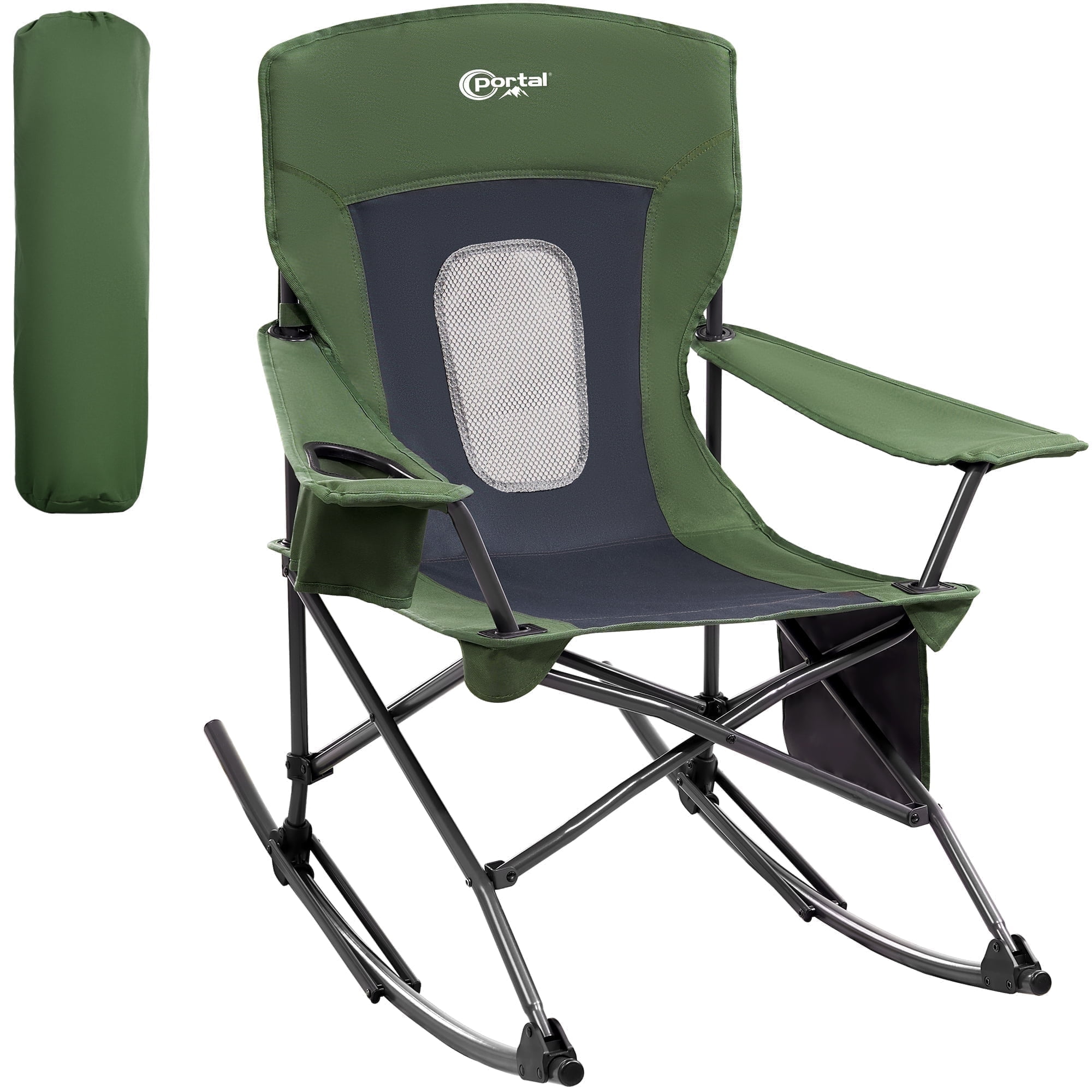 PORTAL Rocking Camping Chair, Portable Folding Rocker Steel for Outdoor with Cup Holder Side Pocket and Carry Bag, Supports 350LBS, Green