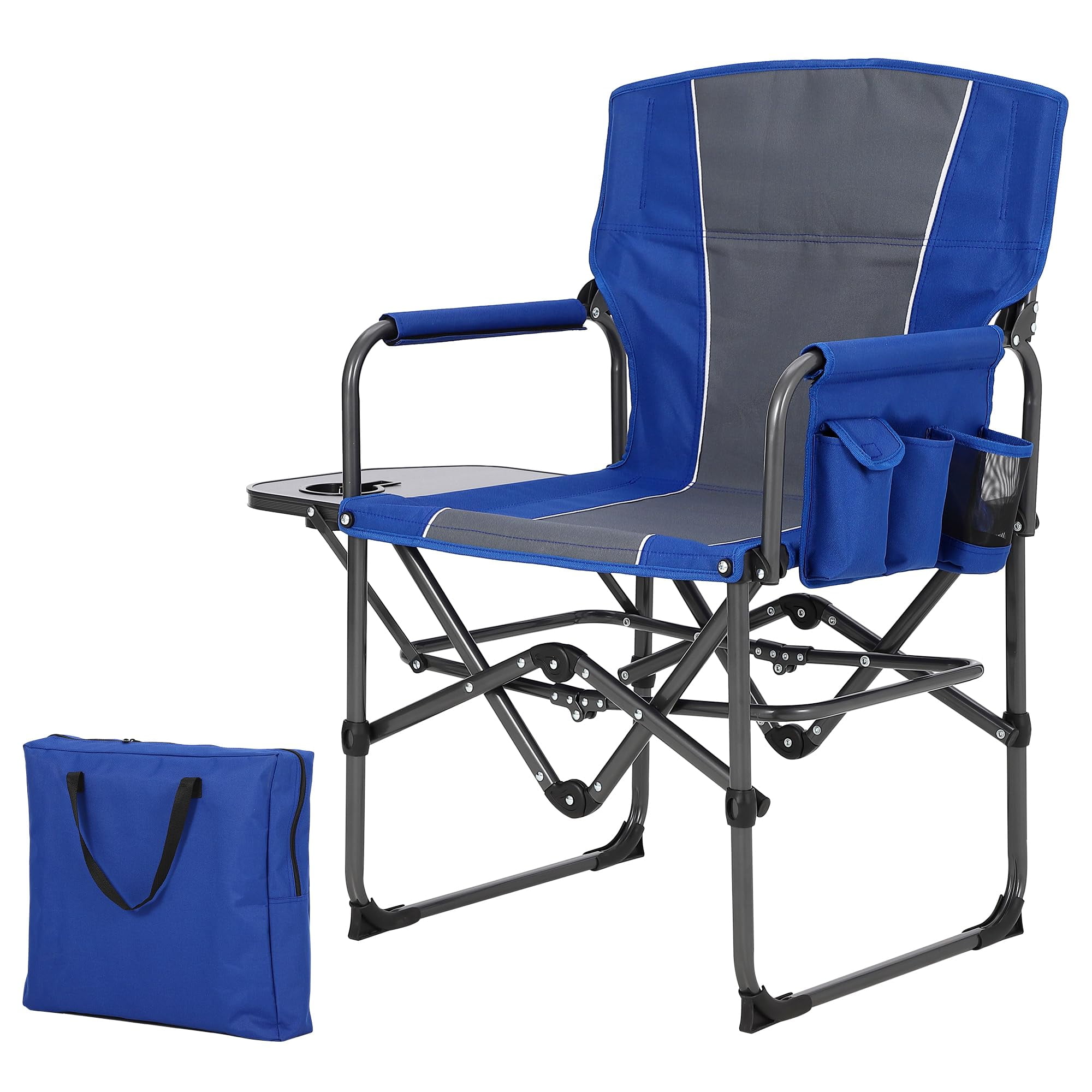 Soonbuy Portable Lawn Chair with Side Table, Folding Camping Chairs for Adults, Side Pocket & Beverage Holder, Heavy Duty Director Chair for Outside Rv Beach Yard Garden Deck