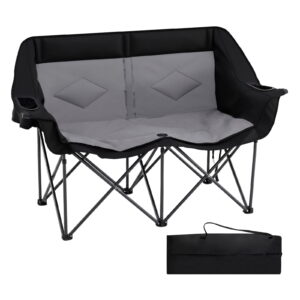 Gymax Double Camping Chair w/ Cup Holders Glass Racks & Mesh Pockets Carry Bag Gray & Black