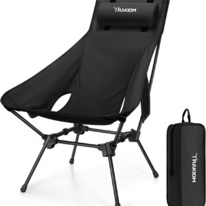 High Back Portable Compact Camping Chair, Lightweight Black Folding Chair with Head Support & Widened Seat, Adjustable Head Support for Beach, Camping