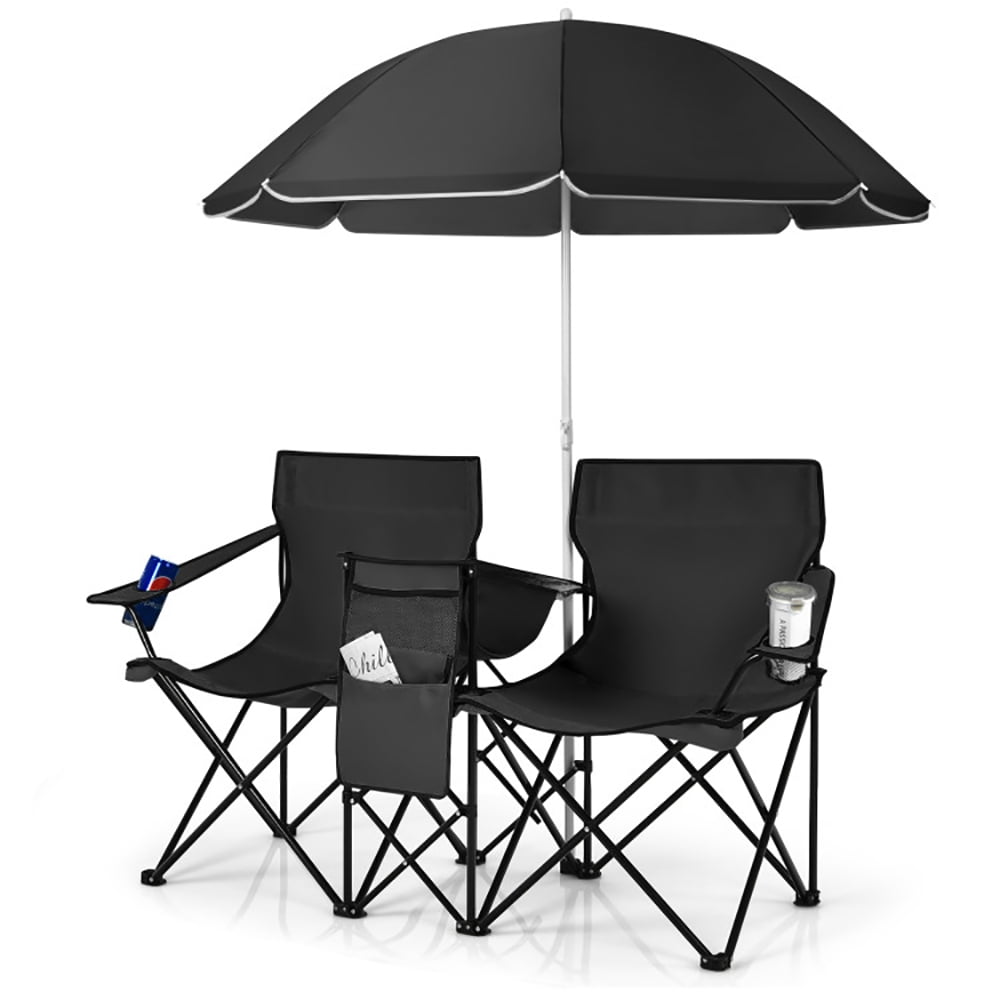 Spaco Portable Folding Picnic Double Chair With Umbrella-Black，Double Folding Camping Chair W/Umbrella Fold Up Table Beverage Holder Carrying Bag Cooler for Patio Pool Park Outdoor Beach