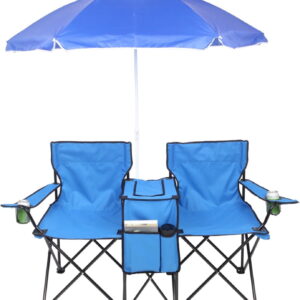 Double Camping Chair with Canopy & Cooler Bag - Folding 2-Person Outdoor Chair with Adjustable Sunshade, Cup Holders, and Carrying Case, Heavy Duty Steel Frame, Blue
