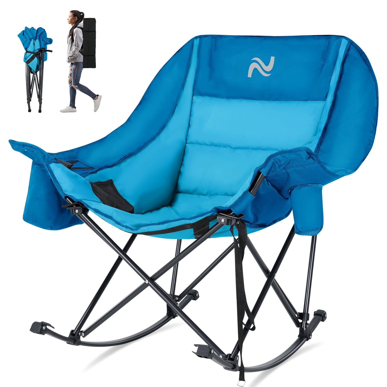 MOPHOTO Oversized Rocking Camping Chair, Full Padded Patio Chair Support 400 lbs, Portable Foldable Outdoor Rocker Chair with Cup Holder, Side Pocket and Carry Bag for Camping, Backyard, Blue