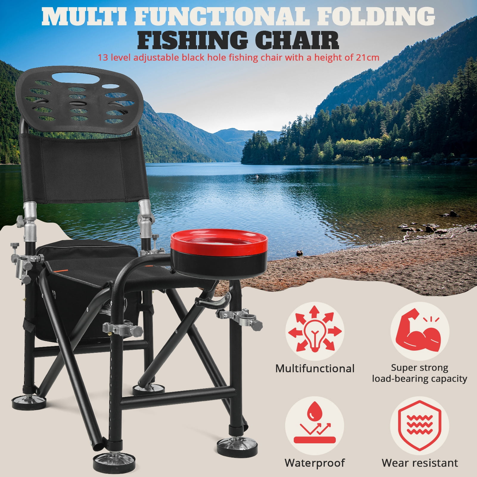 Tereitr Fishing Chair, 13-Position Adjustable Camping Chair with Backrest, Rod Holder, 300 lbs Capacity Folding Deck Chair for Fishing, 8.3" Height Adjustment Portable Outdoor Seat