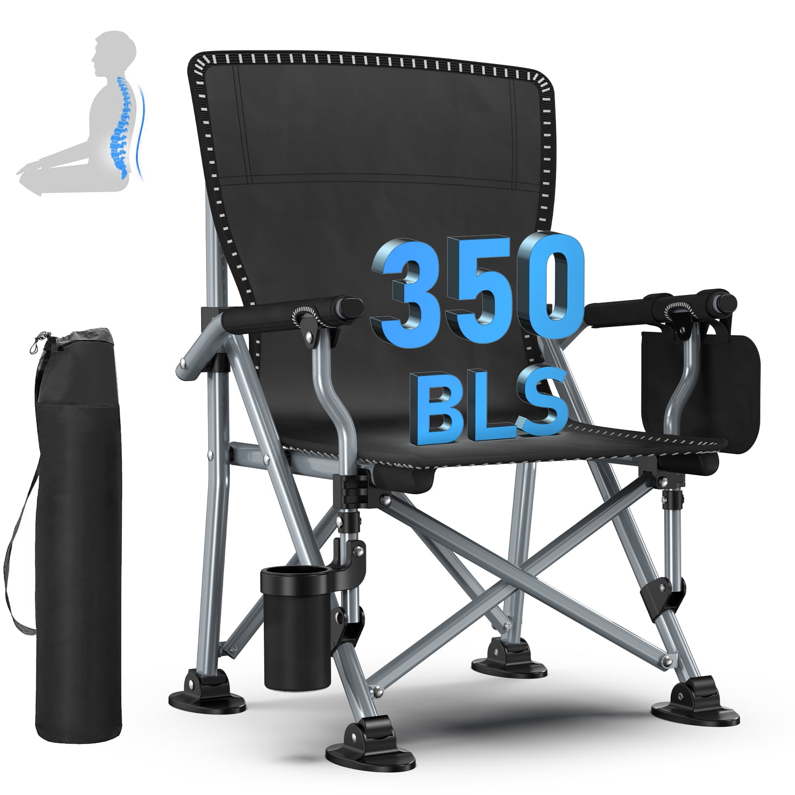 LNOW Folding Camping Chair with Cup Holder & Side Pocket Lightweight Portable Chairs for Beach, Sports, Fishing, ‌‌Black