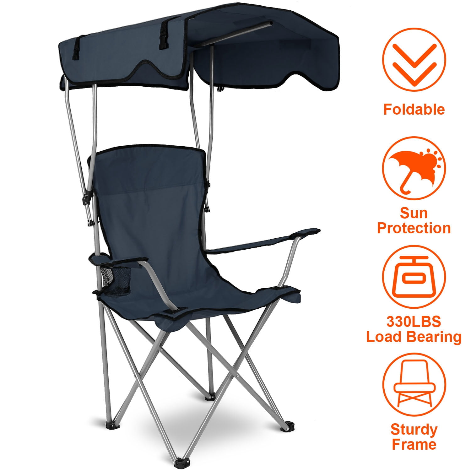 Moclever Portable Camping Chair Foldable Beach Canopy Chair Sun Protection 330lbs Load with Cup Holder for Outdoor Beach Travel, Navy Blue