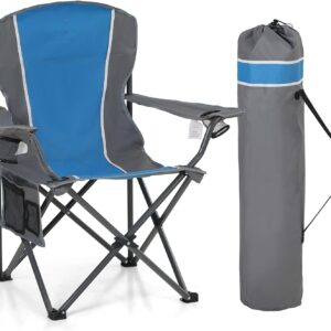 Portable Camping Chair, Heavy Duty Outdoor Folding Chair with Armrest, Foldable Camp Chair with Cup Holder for Camping, Support 350 LBS, Blue-Gray