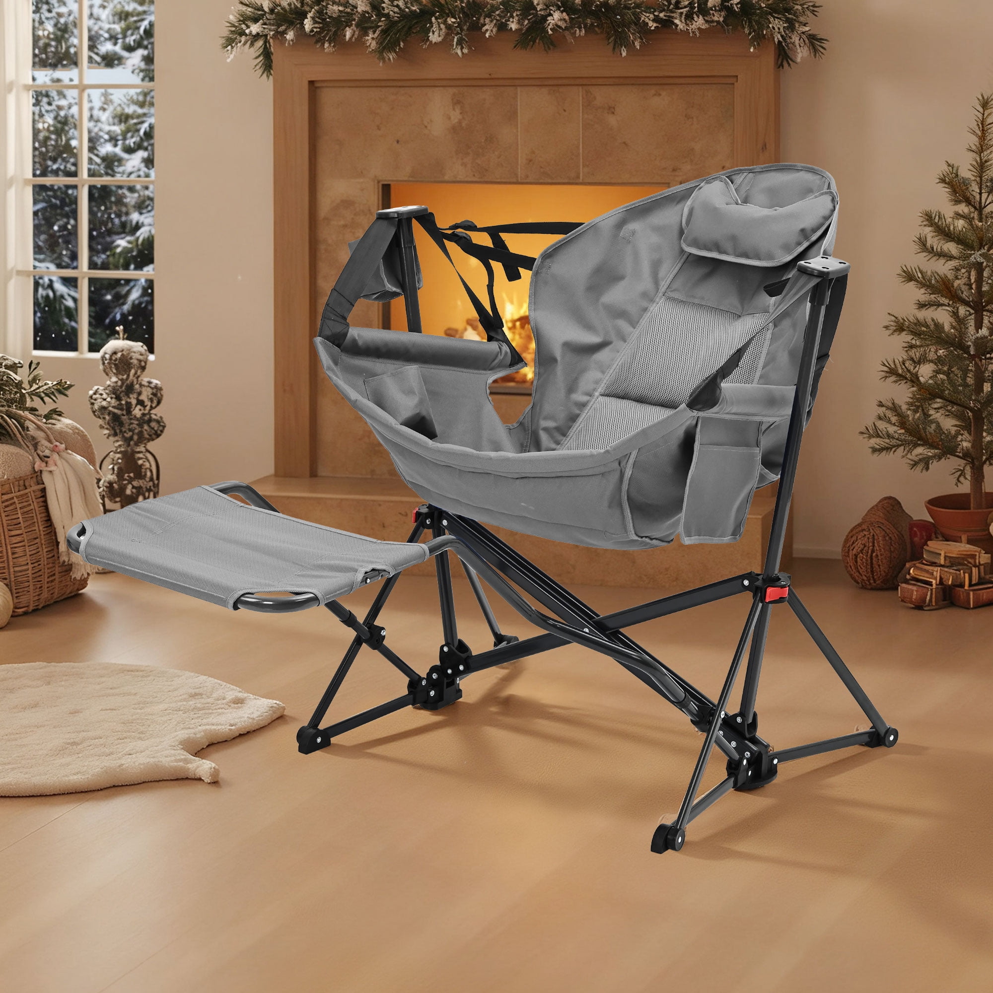 Ainfox Foldable Portable Rocking Camping Chairs with Footrest, Cup Holder, Pillow, Grey