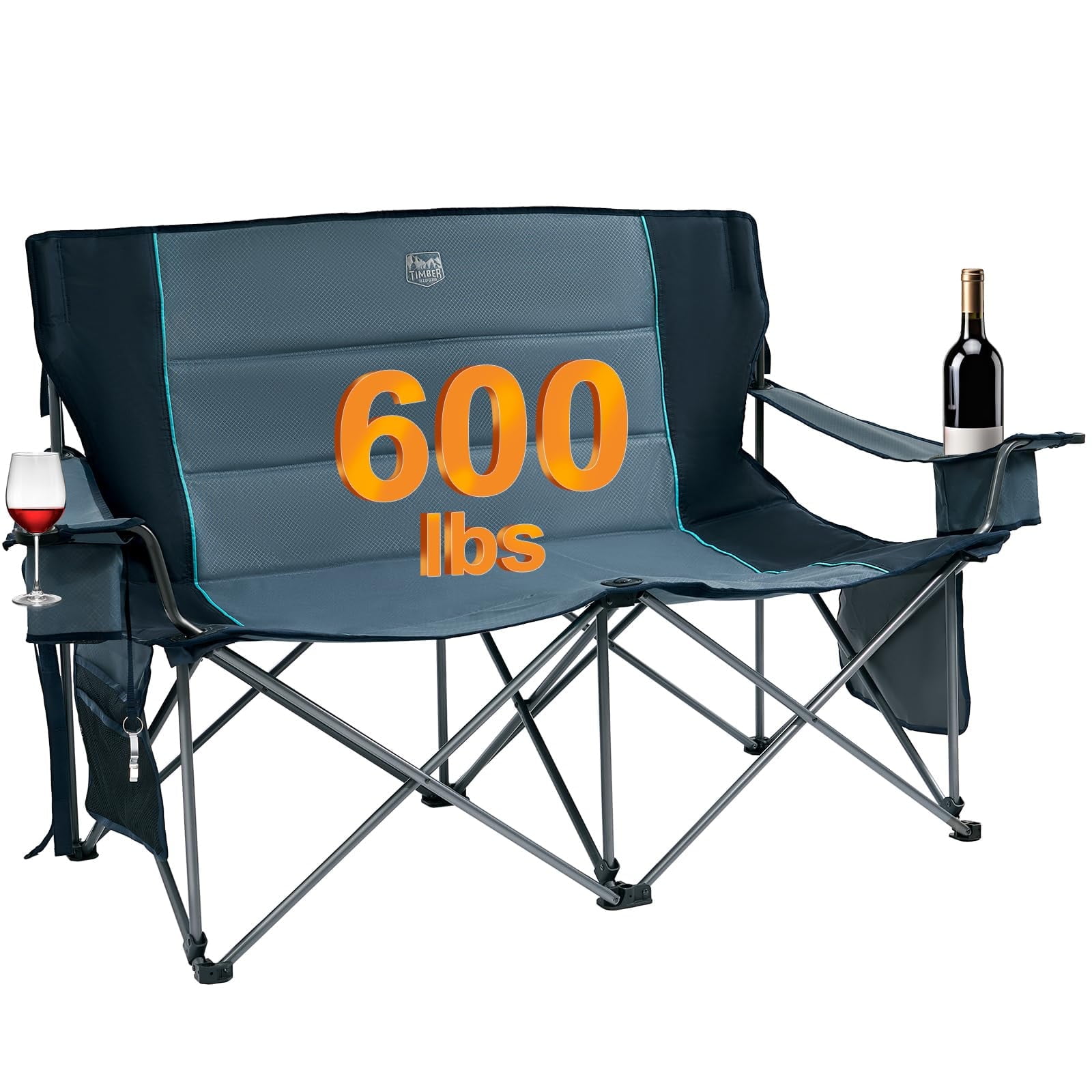 TIMBER RIDGE Oversized Double Camping Chairs Camping Couch, 2 Person Camping Loveseat Double Folding Camp Chair with Wine Glass Holder, Portable Chair for Outdoor, Lawn Chairs, Supports 600LBS