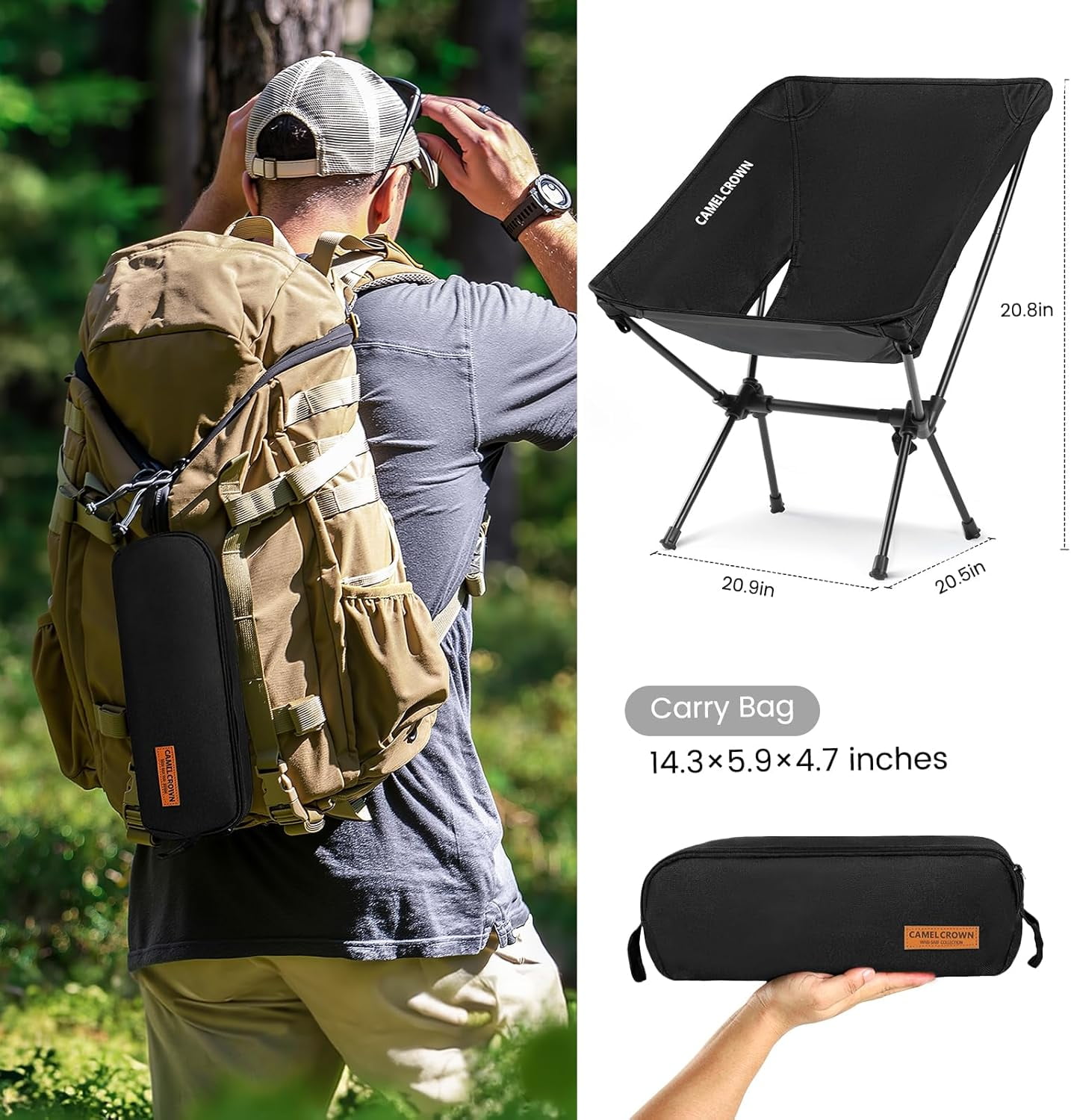 Portable Camping Chair Folding Compact Lawn Lightweight Backpacking Chair with Carry Bag for Outdoor Hiking Beach avel Picnic Festival Black - Image 3