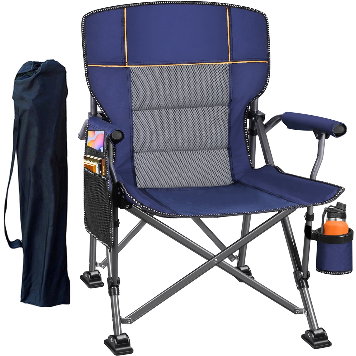 Camping Chairs for Adults, Portable Folding Lawn Chairs with Side Pockets & Cup Holder for Outside, Fishing, Camp & Garden, Dark Blue
