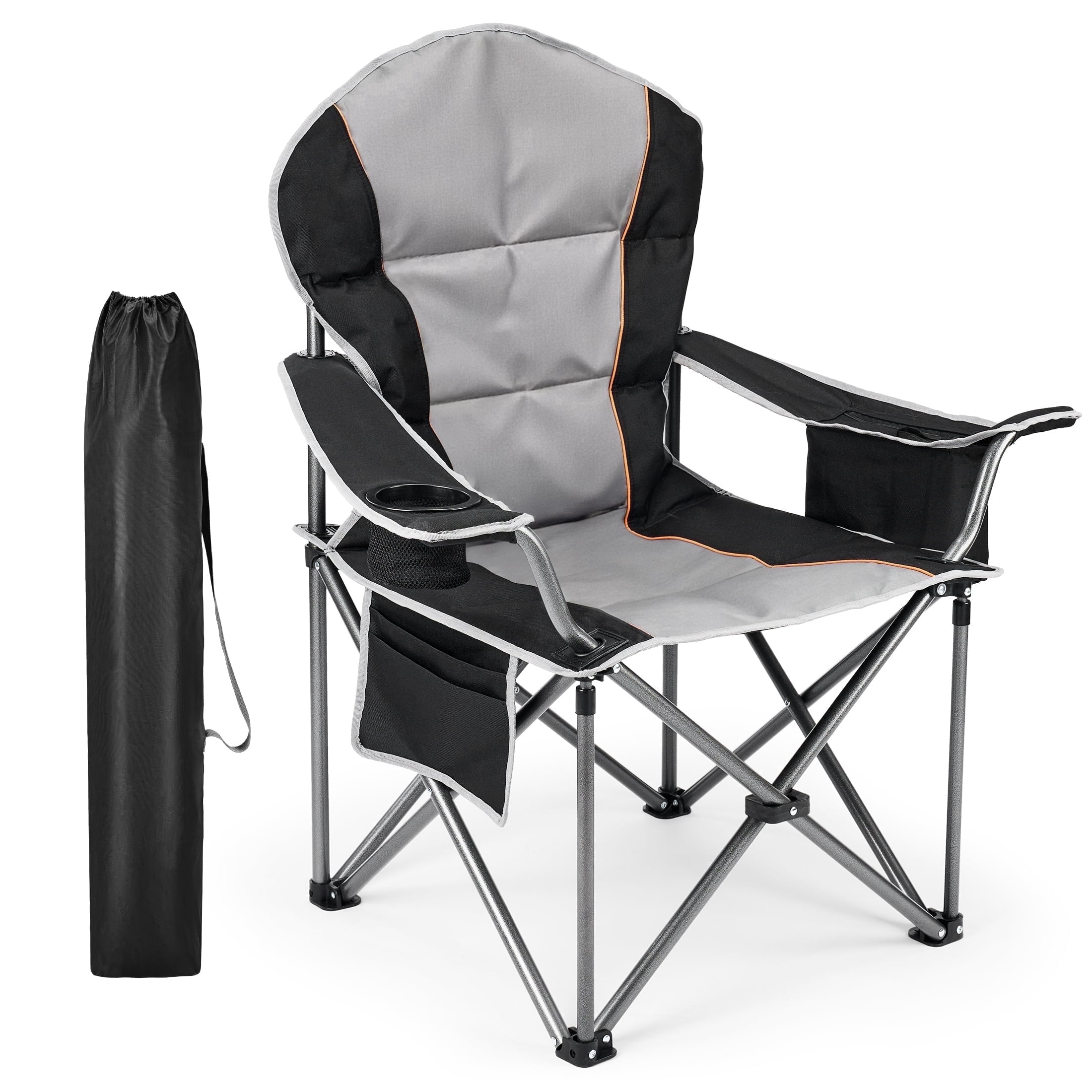 EDX Oversized Camping Folding Chair, Heavy Duty Padded Chair with Cup Holder Storage and Cooler Bag, 500 lbs Steel Frame, Portable for Outdoor,Black Gray