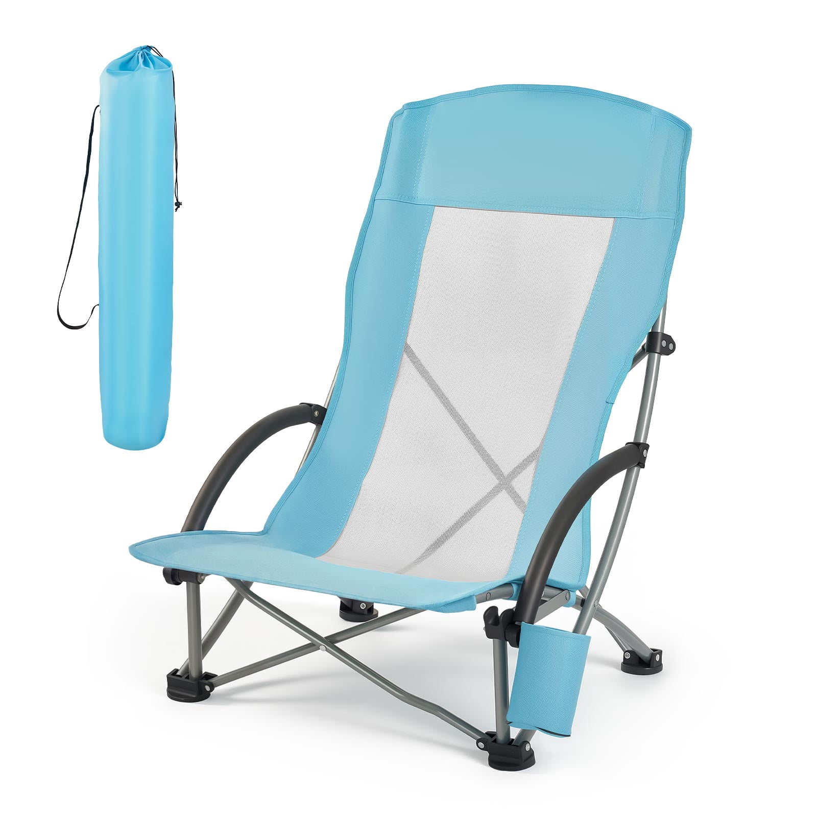 KFFKFF Folding Beach Chair with High Back, Portable Camping Chair for Adults, Includes Cup Holder, Mesh Backrest, Carry Bag, Extra-Wide Seat, Supports Up to 330 lbs, Light Blue