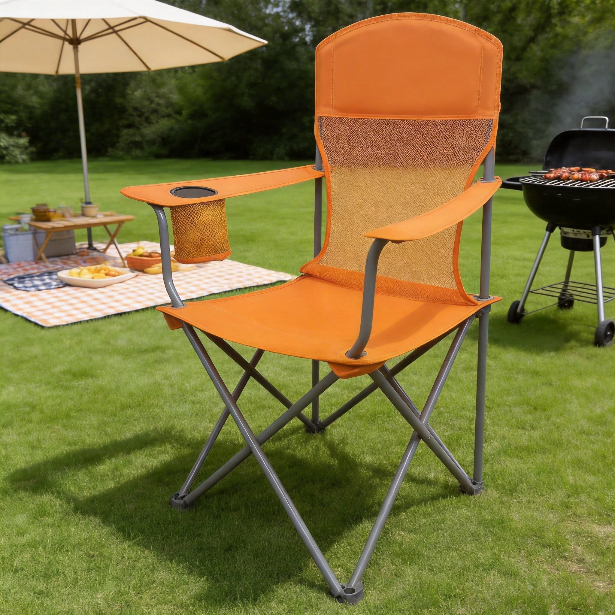 LIFERECORD Portable Camping Chair with Cup Holder & Side Pocket, Lightweight Folding Outdoor Chair for Beach, Fishing, Picnic, Heavy Duty 225LBS Capacity, Orange