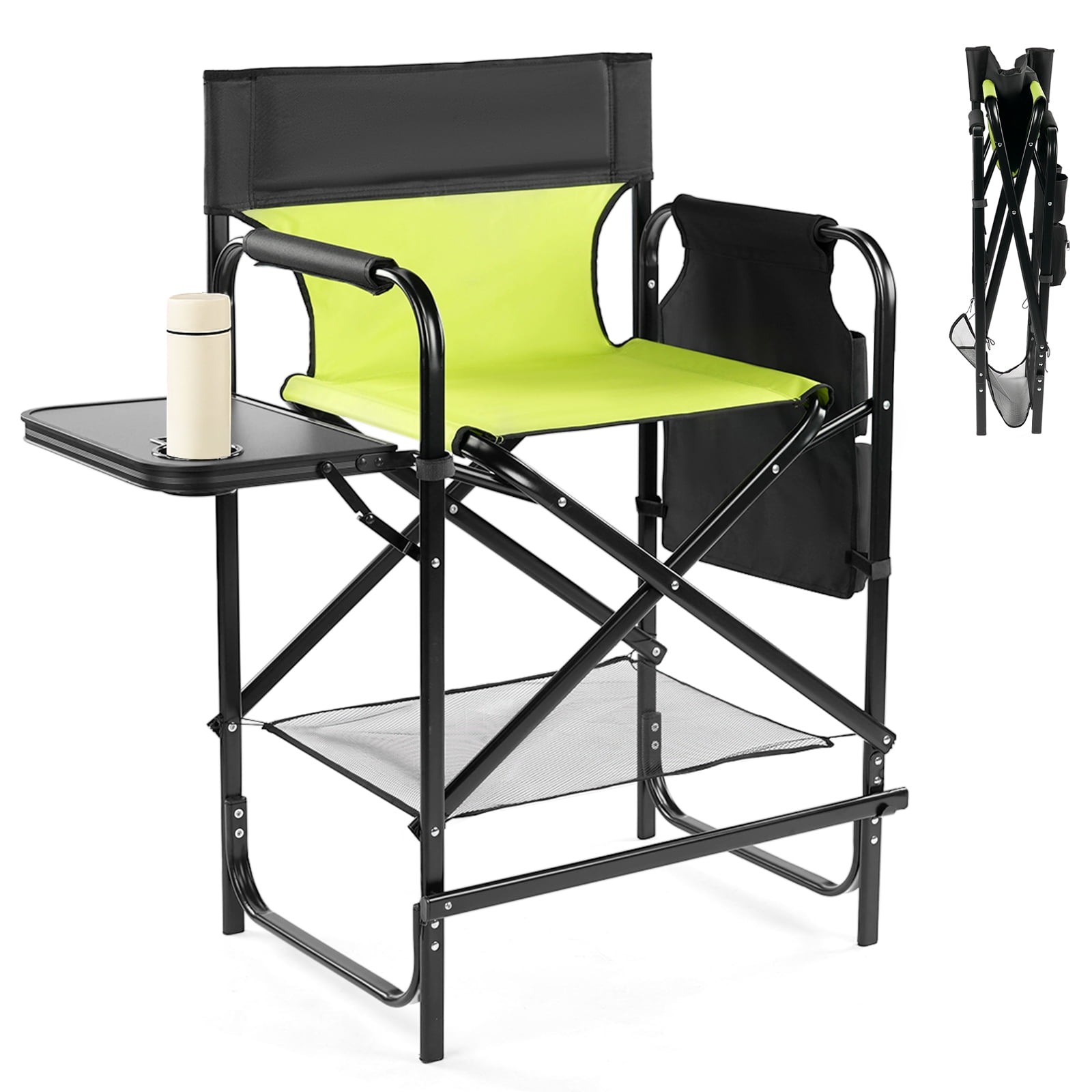 Ktaxon 26" Oversized Folding Director Chair, Heavy Duty Camping Chairs with Side Table & Cup Holder, Makeup Artist Seating with Storage Bag, Supports 300 lbs, Light Green